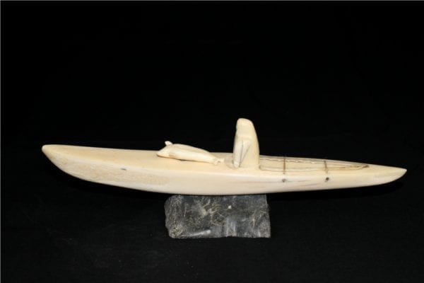 Inuit Carving of Hunter and Kayak in Ivory