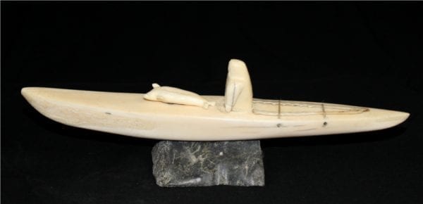 Inuit Carving of Hunter and Kayak in Ivory