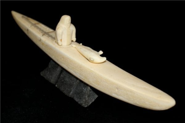 Inuit Carving of Hunter and Kayak in Ivory