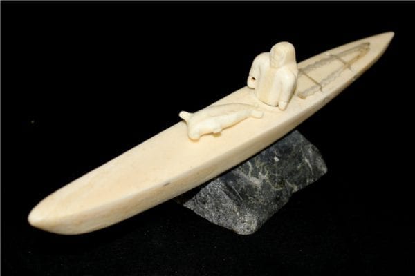 Inuit Carving of Hunter and Kayak in Ivory