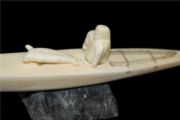 Inuit Carving of Hunter and Kayak in Ivory