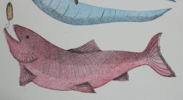 Detail of the char in a great print by Inuit artist Mary Okheena