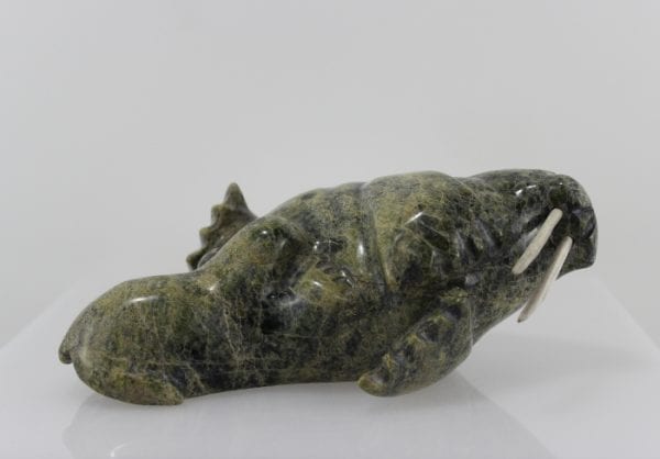 Gorgeous serpentine carving of a walrus with a calf by Peter Parr, an Inuit artist from Cape Dorset