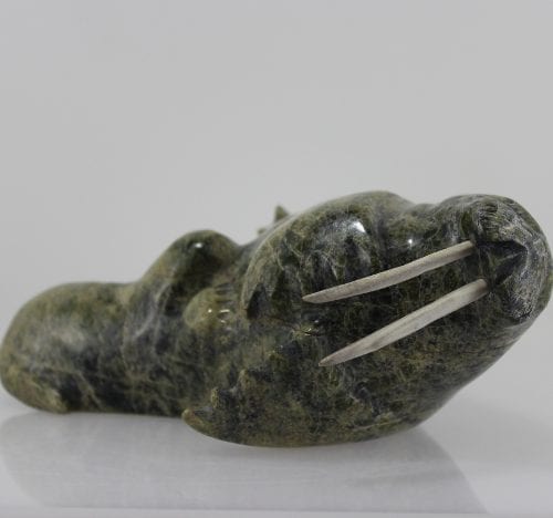 Gorgeous serpentine carving of a walrus with a calf by Peter Parr, an Inuit artist from Cape Dorset