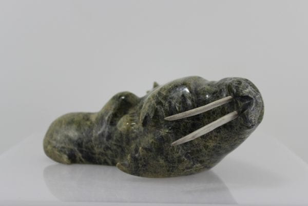 Gorgeous serpentine carving of a walrus with a calf by Peter Parr, an Inuit artist from Cape Dorset