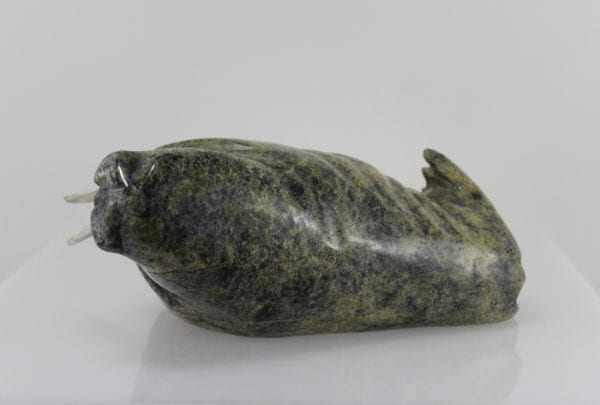 Gorgeous serpentine carving of a walrus with a calf by Peter Parr, an Inuit artist from Cape Dorset