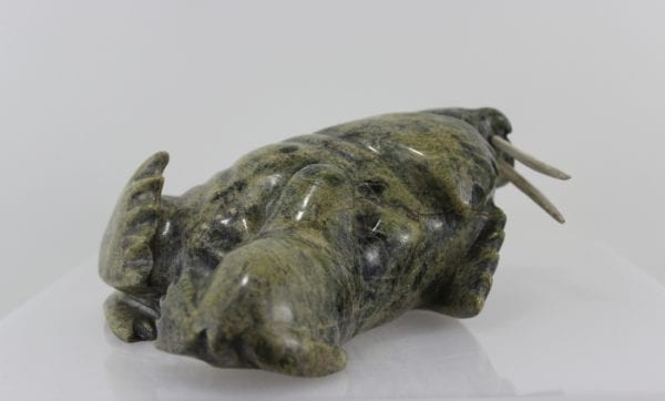 Gorgeous serpentine carving of a walrus with a calf by Peter Parr, an Inuit artist from Cape Dorset