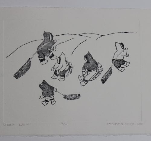 Children sliding, a wonderful print by David Omingmak, an Inuit artist from Holman