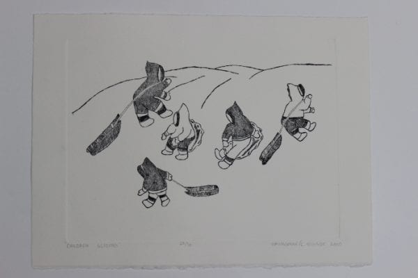 Children sliding, a wonderful print by David Omingmak, an Inuit artist from Holman