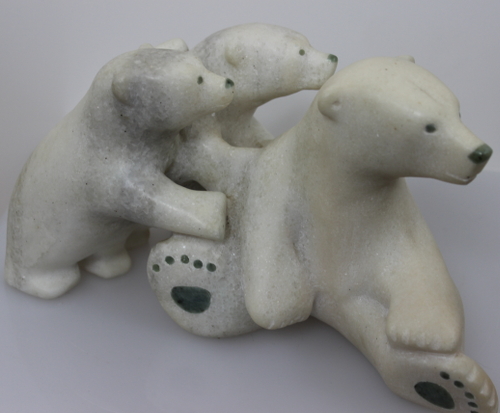 Bear with Cubs in marble by Ottokie Aningmiuq from Kinngait - Cape Dorset