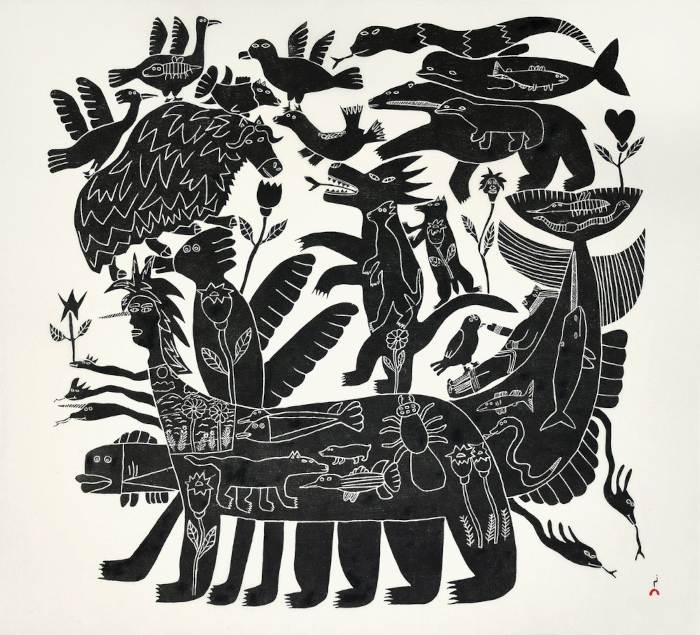 Dinosaur Riding Transformation by Pitseolak Qimirpik from the 2026 Dorset Print Collection