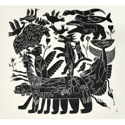 Dinosaur Riding Transformation by Pitseolak Qimirpik from the 2026 Dorset Print Collection
