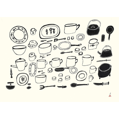 Ananaanama Uutsitingi (My Mother’s Kitchen Set) by Mary Eli Parr from the 2026 Dorset Print Collection